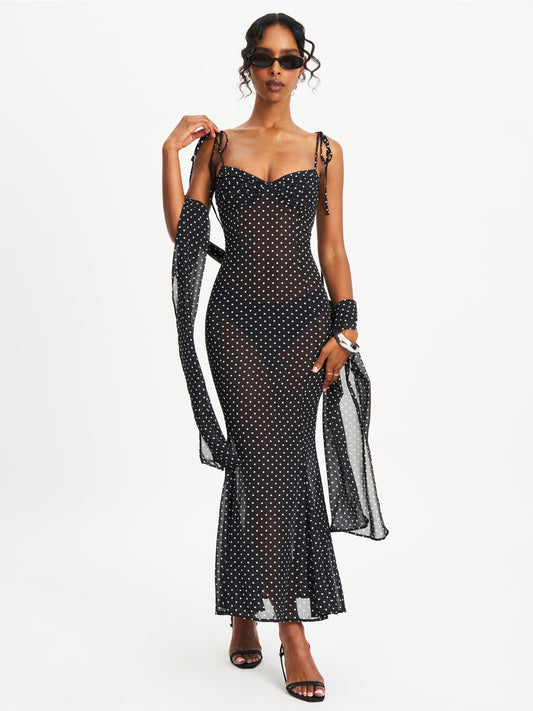 Yadira Black Base Polka Dot Chiffon Maxi Dress