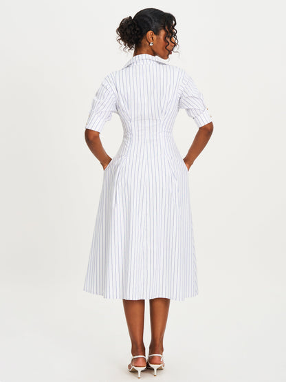 Palina Pinstripes Cotton Poplin Pleated Midi Preppy Shirt Dress