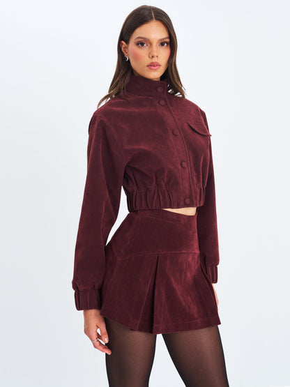Farryn Mahogany Vegan Suede Cropped Bomber Jacket