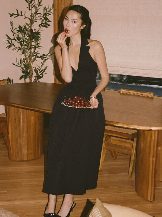 Delaney Black Lapel Halter Midi A-Line Dress