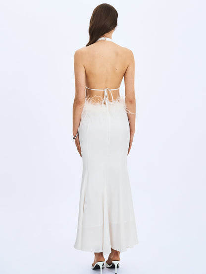 Solene Pleated Halter Backless Feather-Trim Maxi Dress