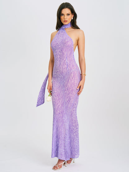 Olena Purple Burnout Velvet Animal Print Mesh Halter Neck Maxi Dress
