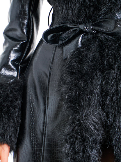 Zella Black Fur Trim Vegan Croc Leather Coat