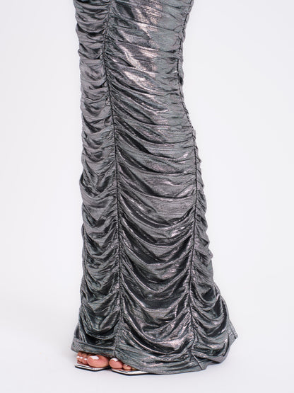 Abril Ruched Silver Glitter Backless Gown