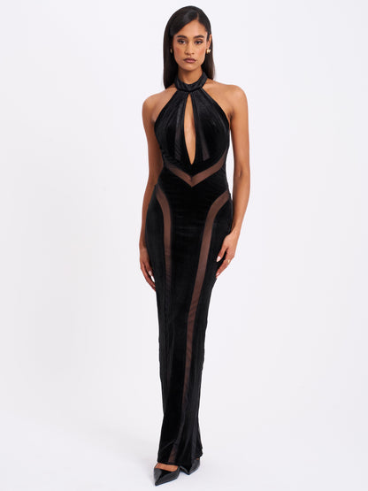 Paityn Black Velvet Mesh Cutout Halter Gown
