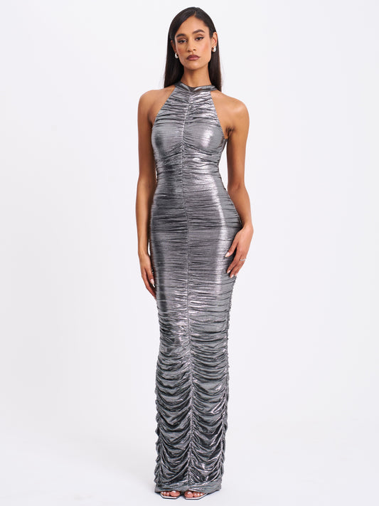 Abril Ruched Silver Glitter Backless Gown