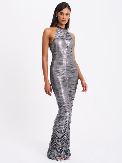 Abril Ruched Silver Glitter Backless Gown