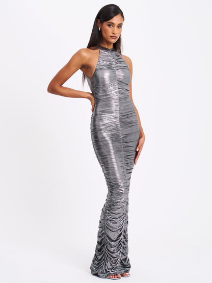 Abril Ruched Silver Glitter Backless Gown