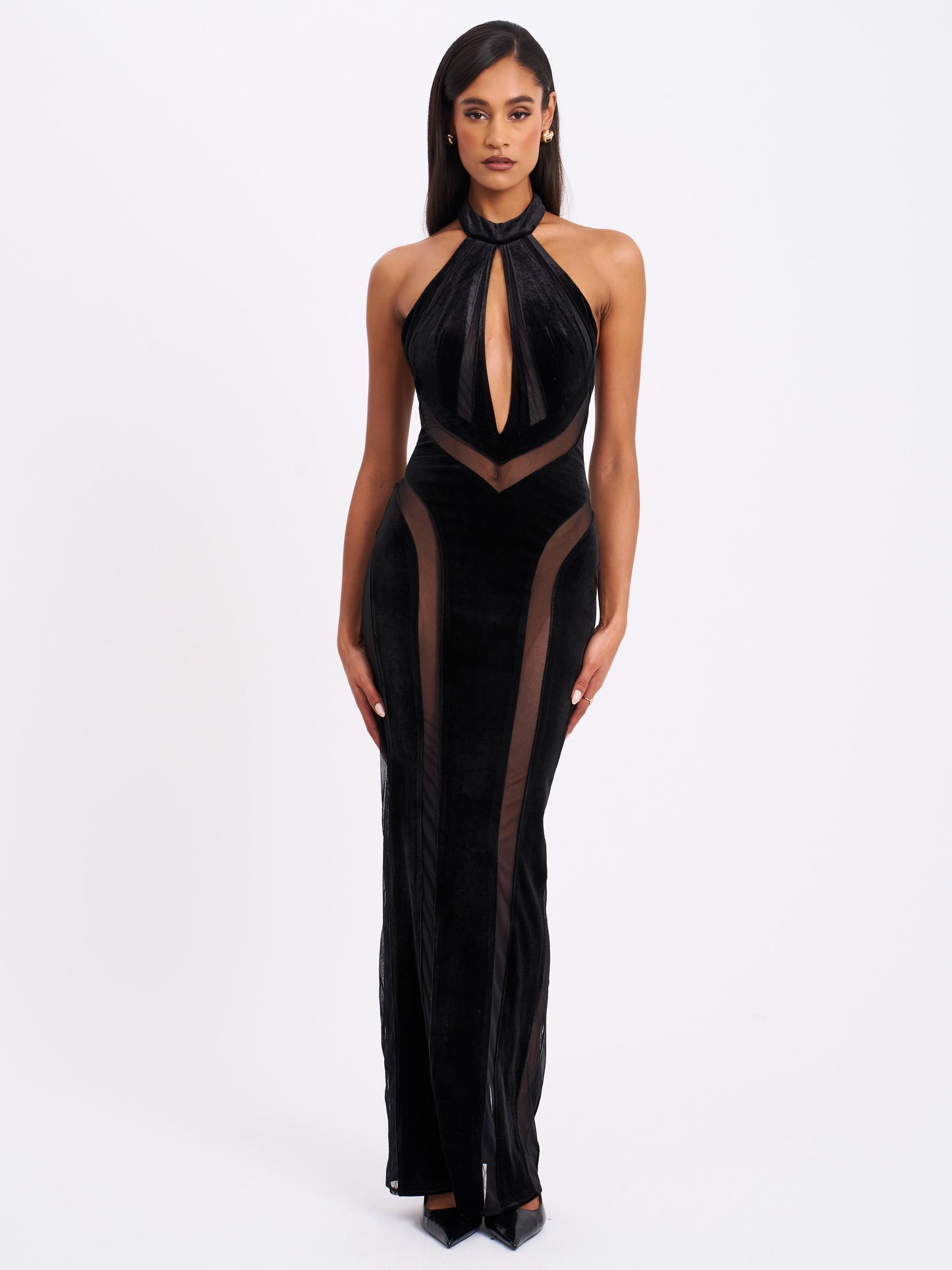 Paityn Black Velvet Mesh Cutout Halter Gown