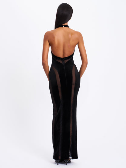 Paityn Black Velvet Mesh Cutout Halter Gown