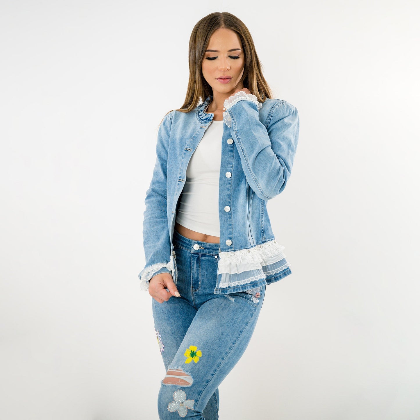 Long Sleeve beaded jacket with  Lace peplum