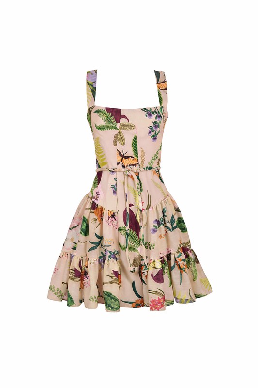 CARACAS MINI DRESS IN JARDIN PRINT SOFT KHAKI