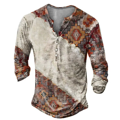 Skull Henley Print Long Sleeve Tshirts Men's
