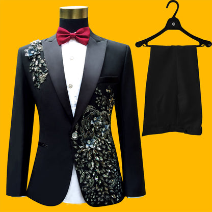 Blue Embroidered Slim Fit Blazer 4 Pcs Suit Men's