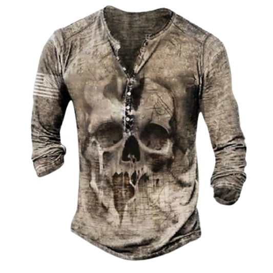Skull Henley Print Long Sleeve Tshirts Men's