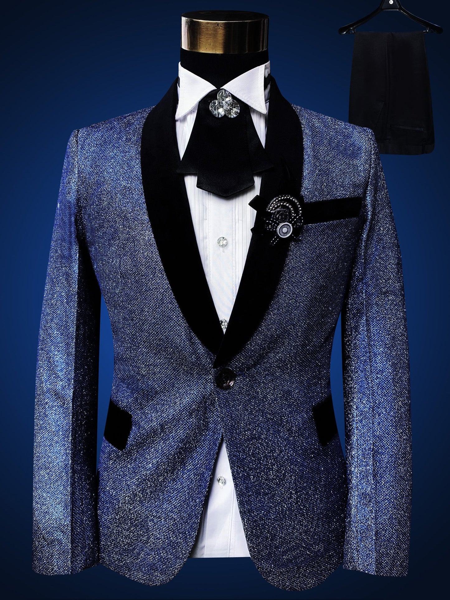 Blue Embroidered Slim Fit Blazer 4 Pcs Suit Men's