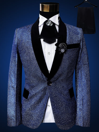 Blue Embroidered Slim Fit Blazer 4 Pcs Suit Men's