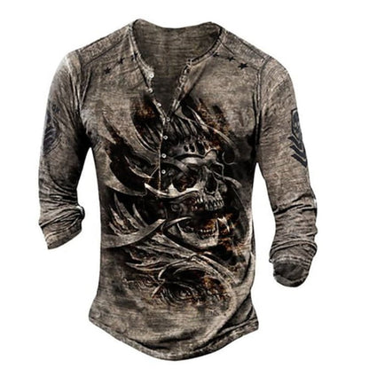 Skull Henley Print Long Sleeve Tshirts Men's