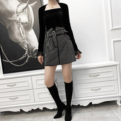 Black Sheepskin Skirt With Rhinestones Women's