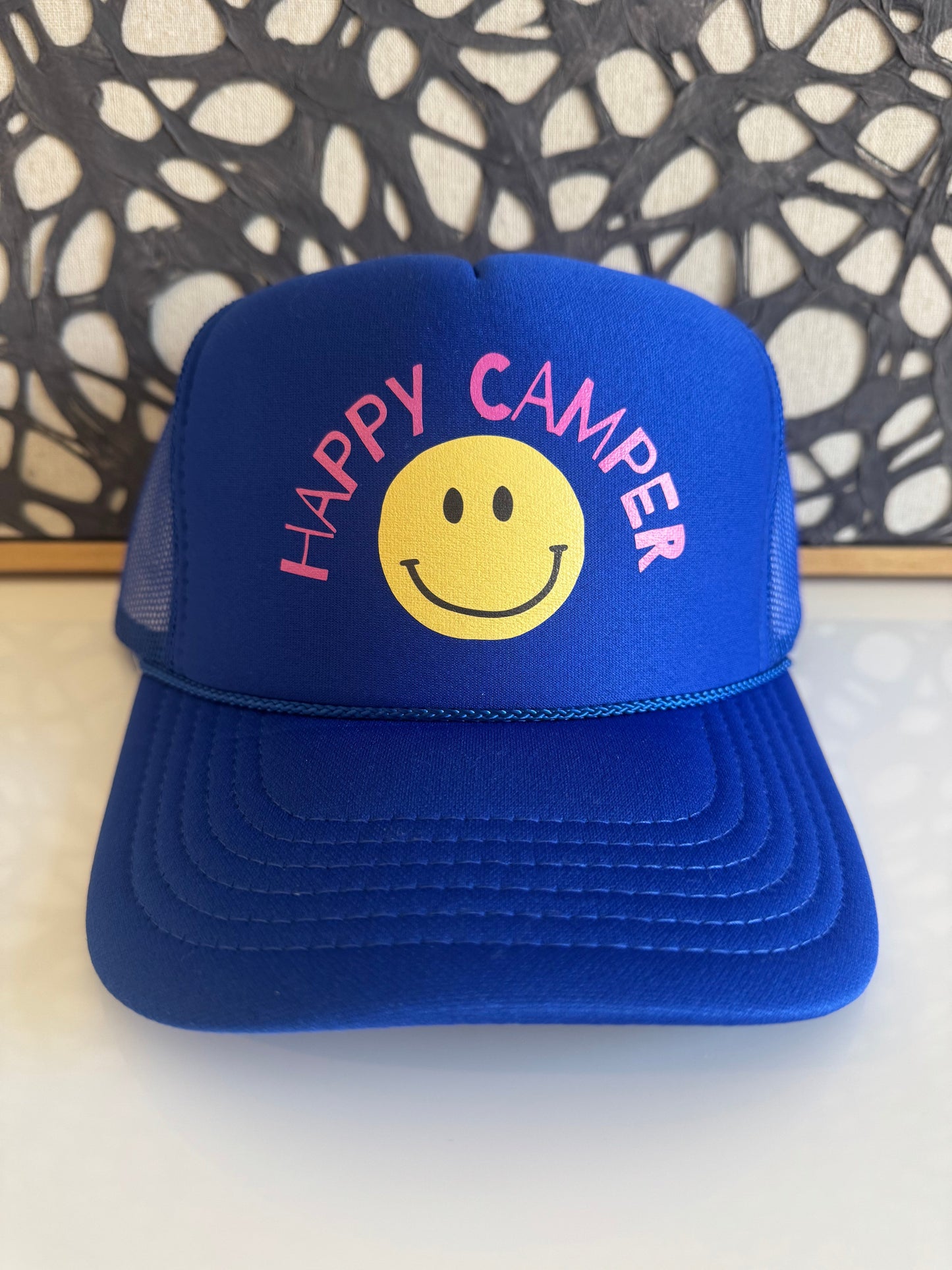 Happy Camper with Smiley on Royal Blue Trucker