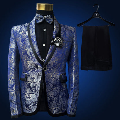 Blue Embroidered Slim Fit Blazer 4 Pcs Suit Men's