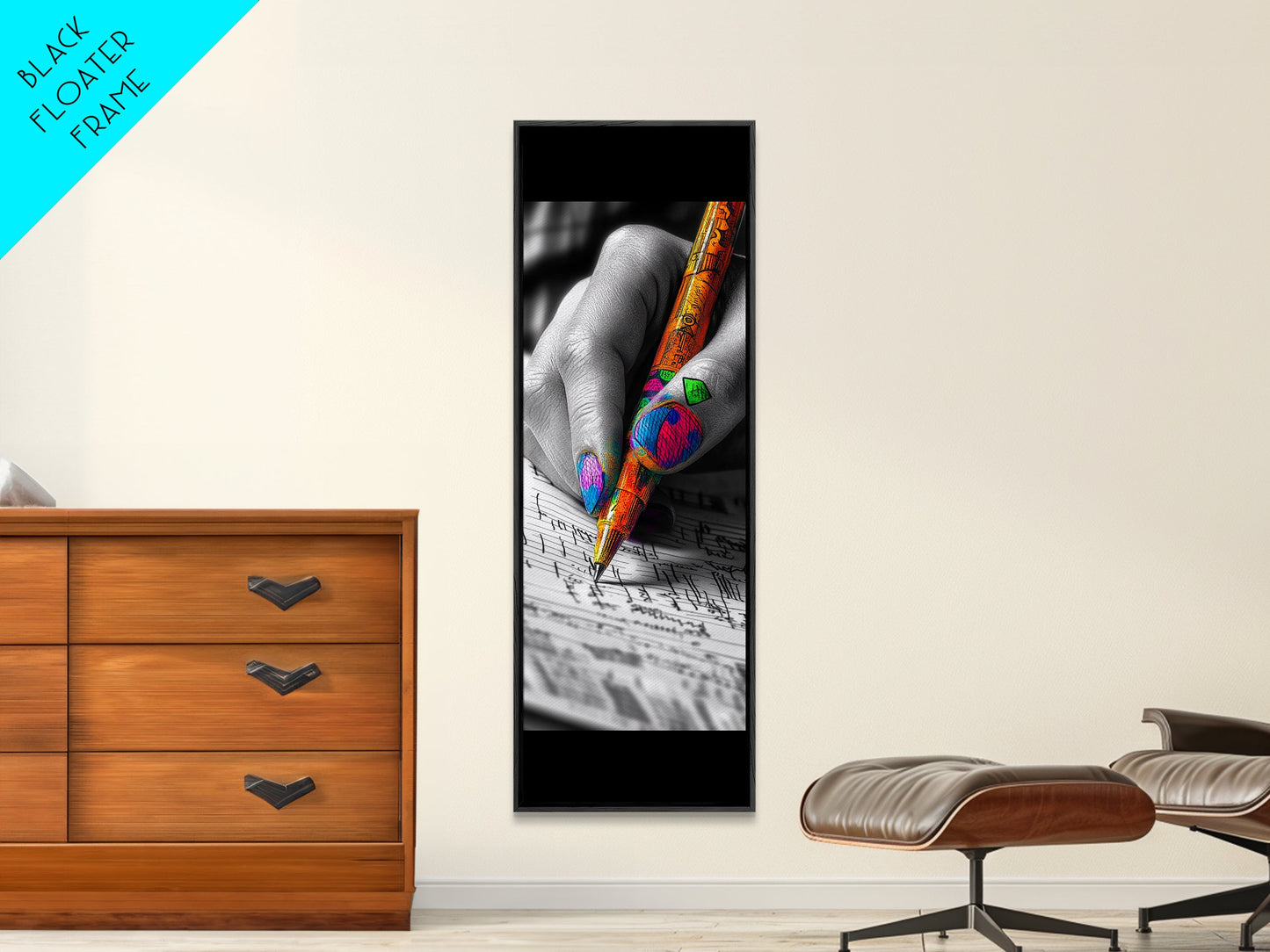 Vibrant Nails, Artistic Pen, Writing Closeup, Framed Canvas Print, Bold Office Wall Art, Pop Art Style, Creative Studio Decor