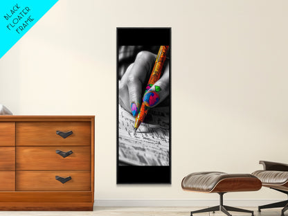 Vibrant Nails, Artistic Pen, Writing Closeup, Framed Canvas Print, Bold Office Wall Art, Pop Art Style, Creative Studio Decor