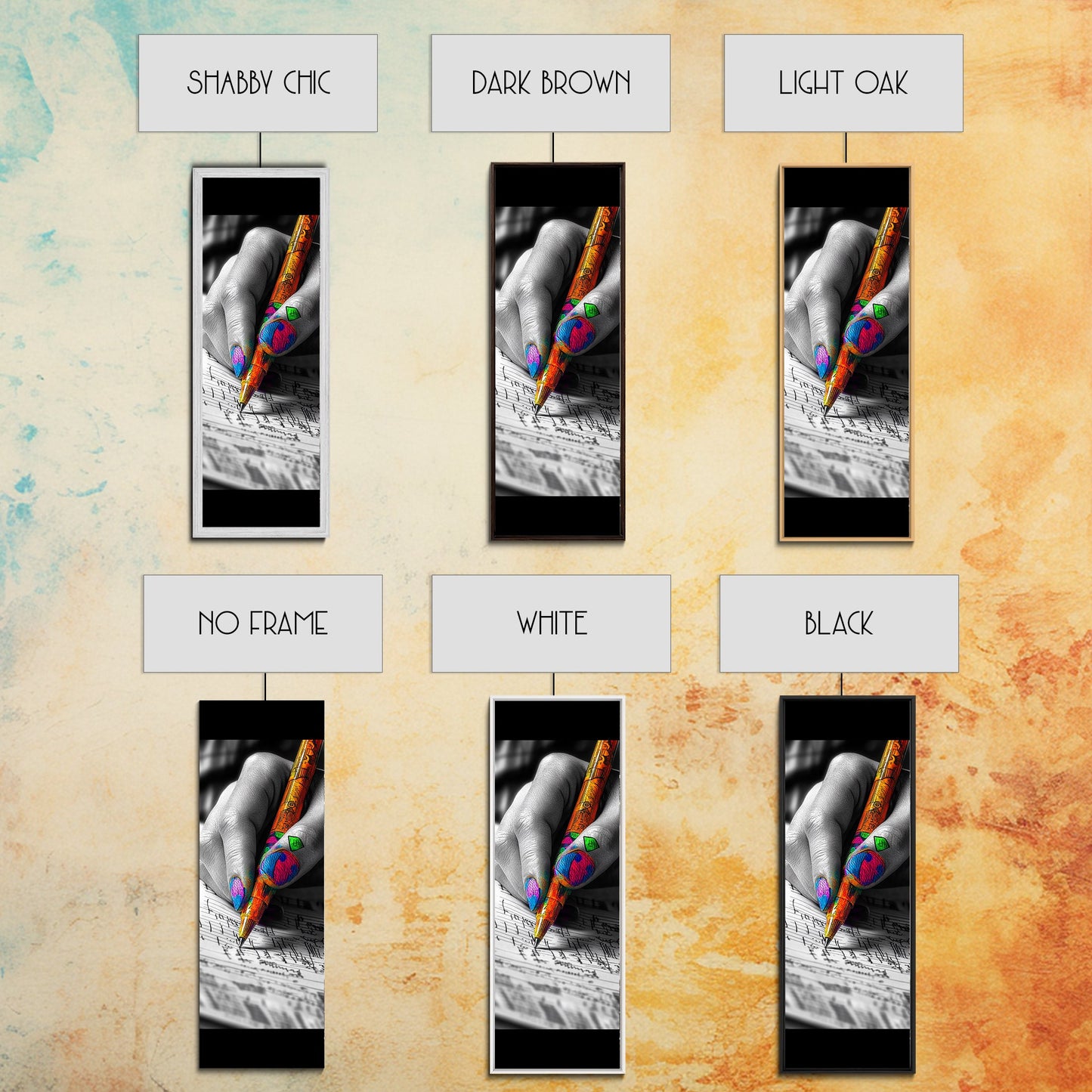 Vibrant Nails, Artistic Pen, Writing Closeup, Framed Canvas Print, Bold Office Wall Art, Pop Art Style, Creative Studio Decor