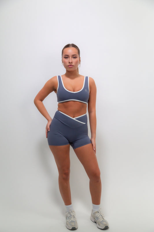 I Am Right Where I Need To Be Slate Blue Butter Sports Bra
