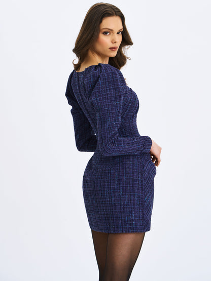 Denise Navy Tweed Ruched Puff Sleeve Mini Dress