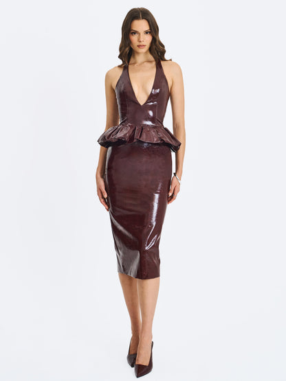 Jaslene Mahogany Ruched Peplum Plunge Halter Midi Dress