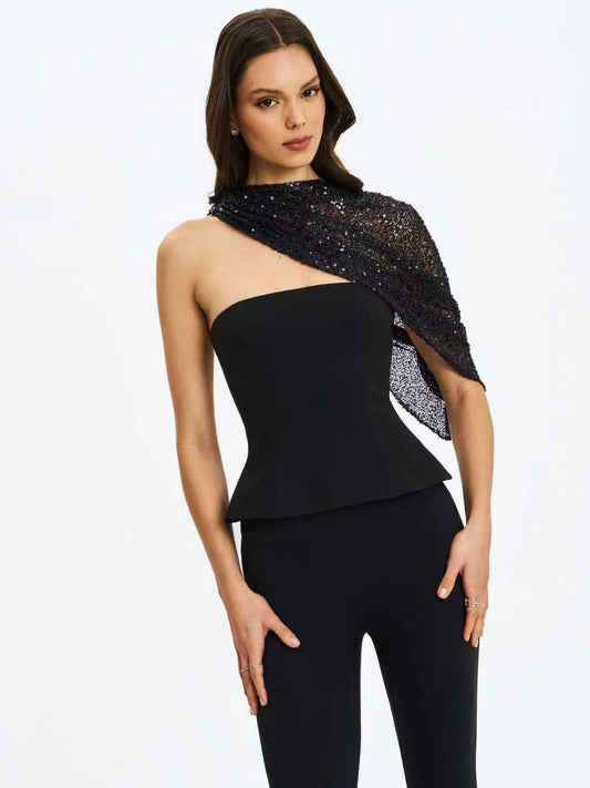 Quinette Black Peplum Top with Beaded Asymmetrical Cape
