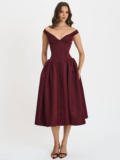 Omella Burgundy Ruched Bust Sweetheart Flared Midi Dress