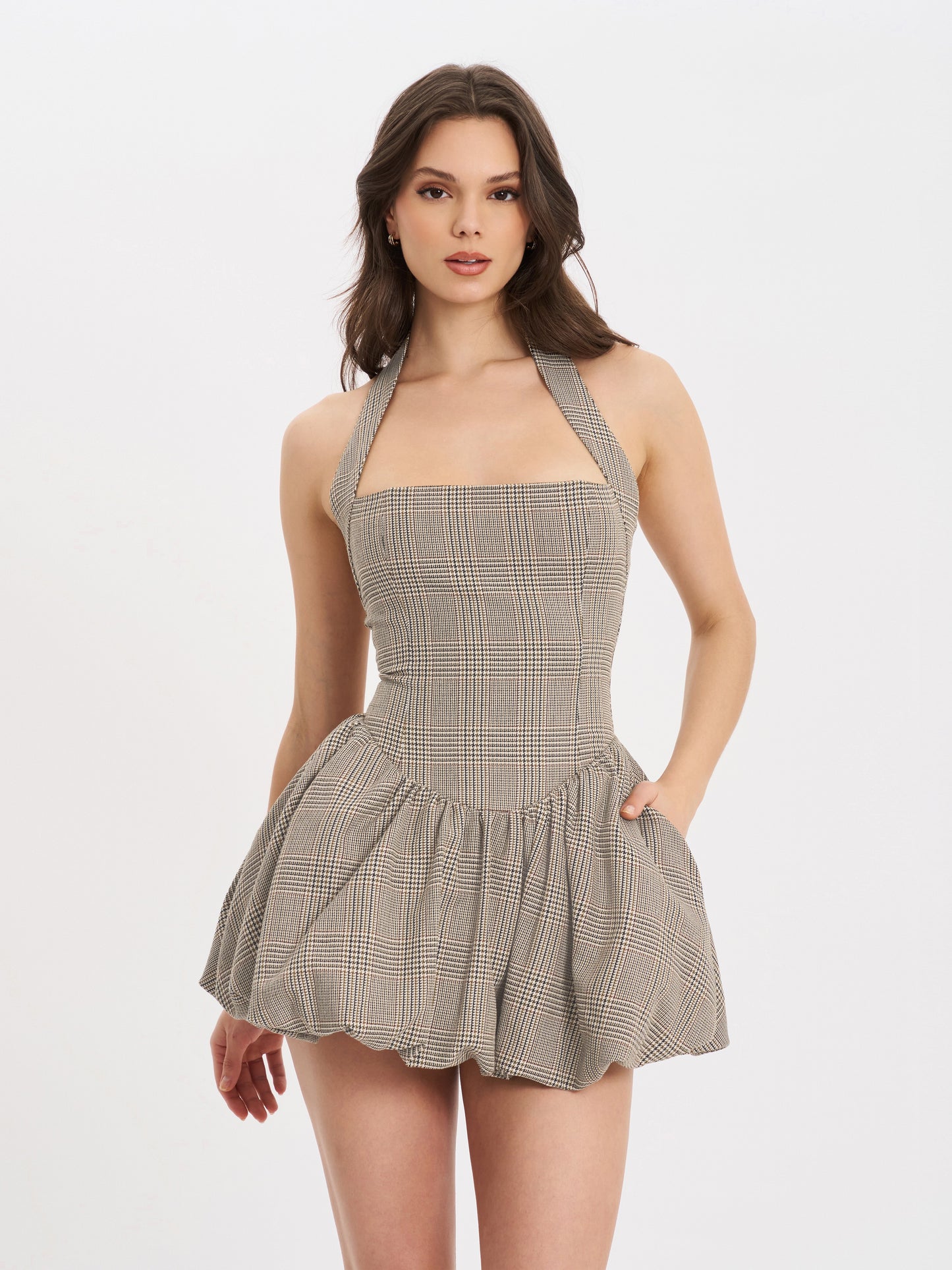 Dacia Plaid Halter Lace-up Bubble Mini Dress