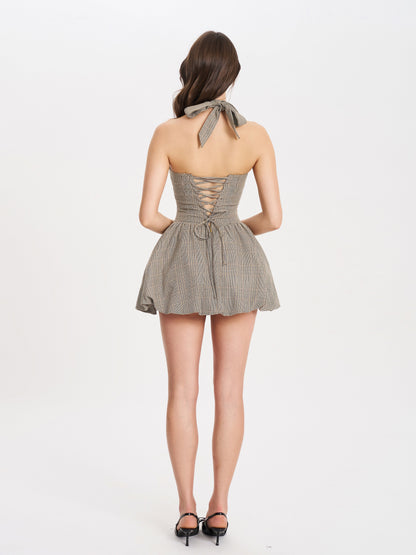 Dacia Plaid Halter Lace-up Bubble Mini Dress