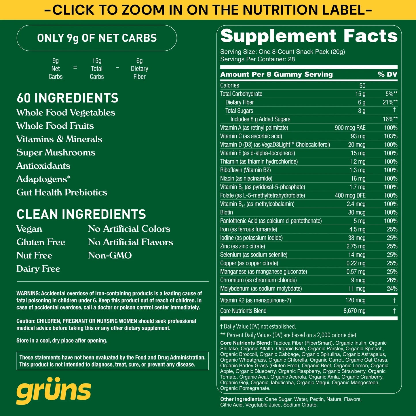 Grüns - Grüns Adult Superfood Greens Gummies, 30 Servings