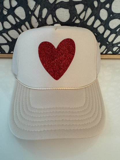 Artsy Heart - Tan Trucker w/ Red Glitter Font