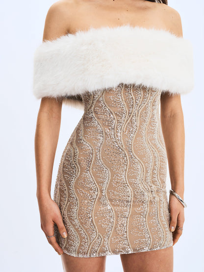 Averie White Fur Off-Shoulder Beige Sequin Mini Dress